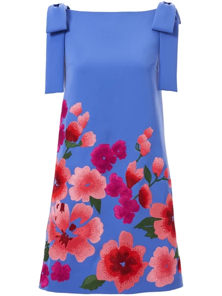 Мини-платье Carolina Herrera с цветочной вышивкой и бантом blue