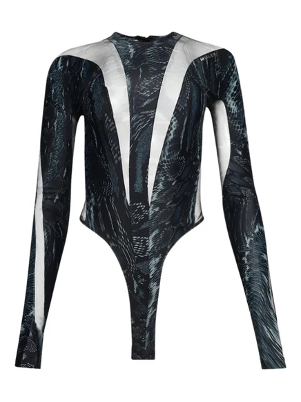 Женское боди Mugler сетчатое со змеиным принтом, черное