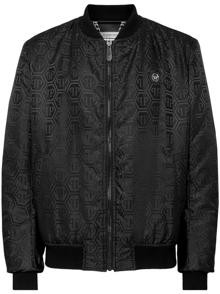Мужская бомбер-куртка Philipp Plein жаккардовая с монограммой, черная