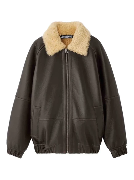 Мужская кожаная куртка Jacquemus с меховым воротником, коричневая