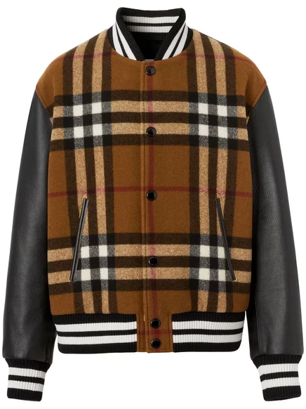 Мужская бомбер-куртка Burberry, кожаные рукава, коричневая
