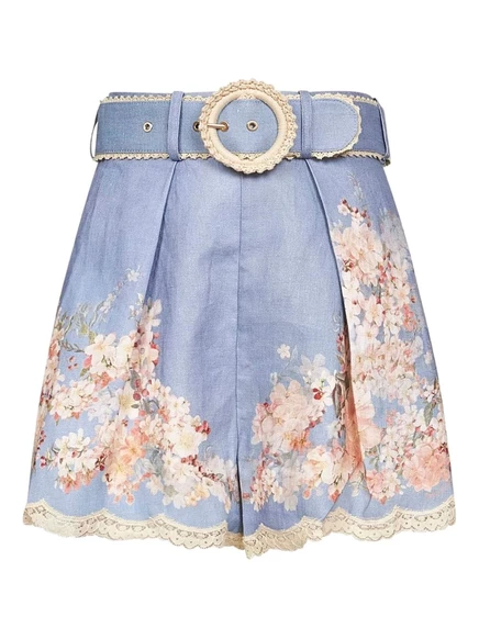Шорты с поясом от ZIMMERMANN с цветочным принтом blue