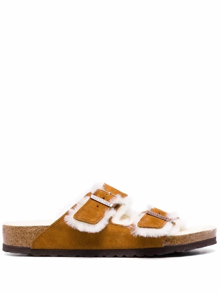Мужские сандалии Birkenstock кожаные с мехом, коричневые