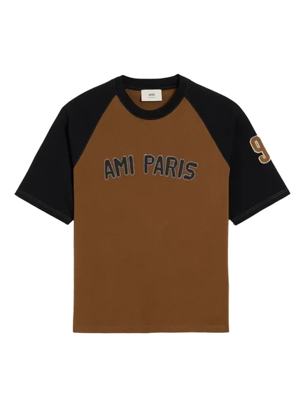 Двухцветная хлопковая футболка AMI Paris с коротким рукавом brown