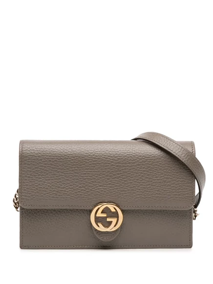 Кошелек из телячьей кожи G Dollar, бывший в употреблении у Gucci, 2016-2025, сумка через плечо на цепочке grey