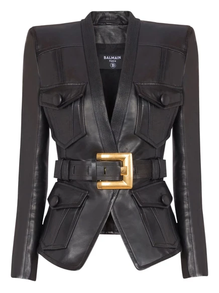 Женская кожаная куртка Balmain с поясом, черная