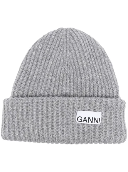 Женская вязаная шапка Ganni с логотипом, серая
