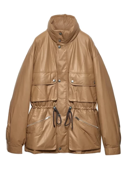 Женское кожаное пальто Prada Nappa с капюшоном, верблюжевое
