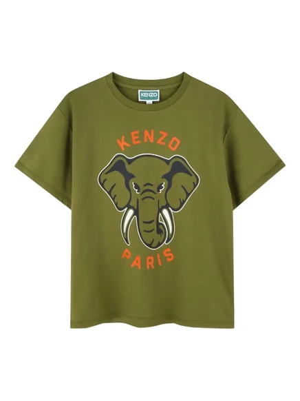 Детская футболка Kenzo Kids с принтом слона, зеленая