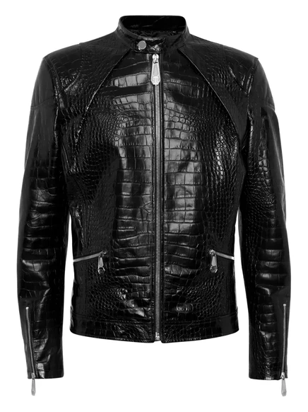 Мужская кожаная куртка Philipp Plein под крокодил, черная