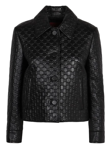 Женская кожаная куртка Gucci с тиснением GG, черная