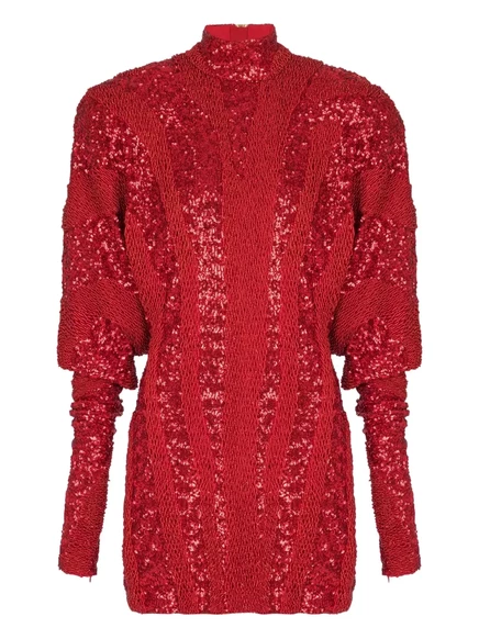 Мини-платье с имитацией шеи и блестками Balmain red