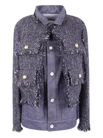 джинсовая куртка sacai с твидовыми вставками blue