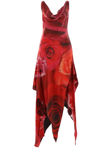 Платье с принтом садовых роз Roberto Cavalli red