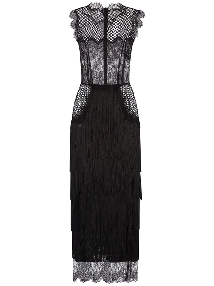 Кружевное платье-футляр с бахромой от Dolce & Gabbana black