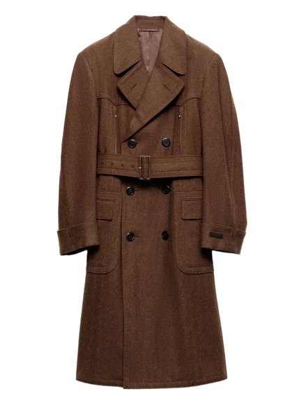 Шерстяное двубортное пальто с поясом от Prada brown