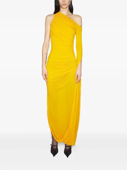 Женское платье макси Mugler на одно плечо драпированное, желтое