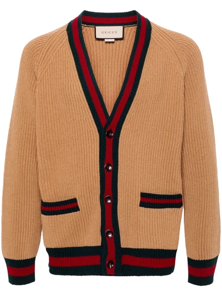 Мужской кардиган Gucci из шерсти с Web-полосой, бежевый