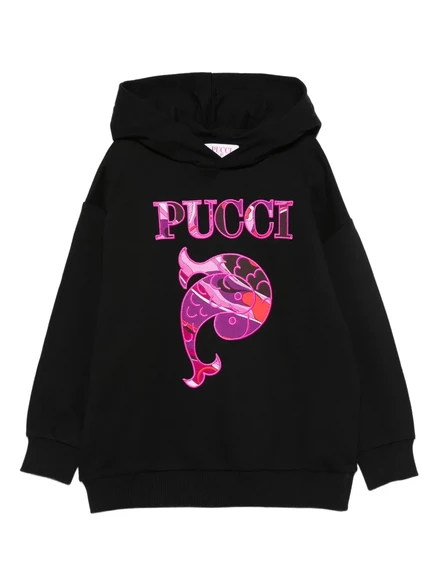 Детская худи PUCCI Junior с вышитой рыбой, черная