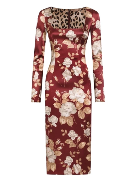Женское платье Dolce & Gabbana миди с розовым принтом, коричневое