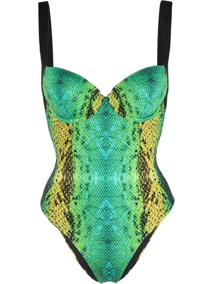 Женский купальник Noire Swimwear с косточками, змеиный принт, зелёный