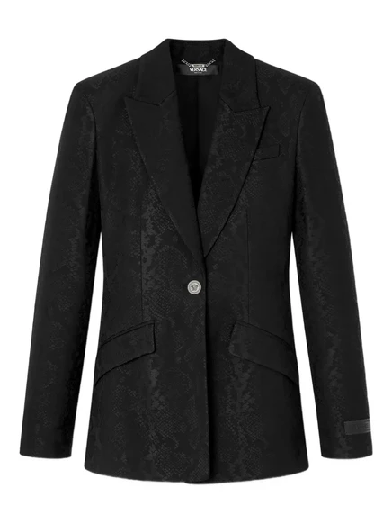 Женский блейзер Versace из шерстяного микса с тиснением под кожу змеи, черный