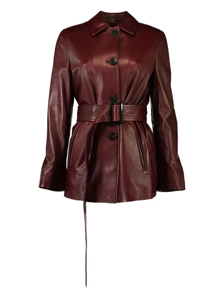 Женское пальто Max Mara Tolmin кожаное с поясом, бордовое