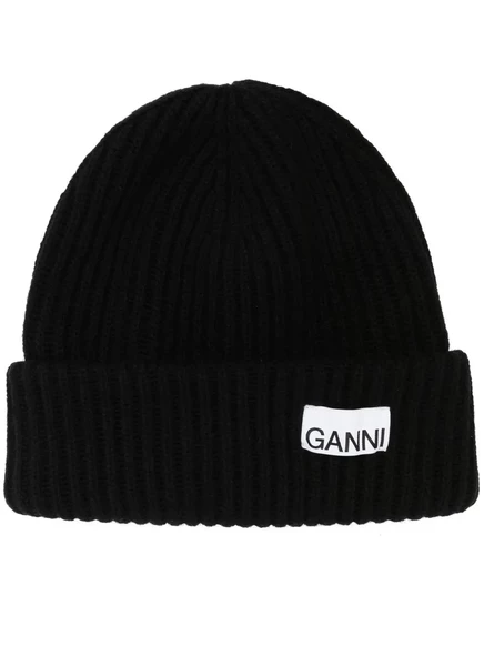 Женская вязаная шапка Ganni с логотипом, черная