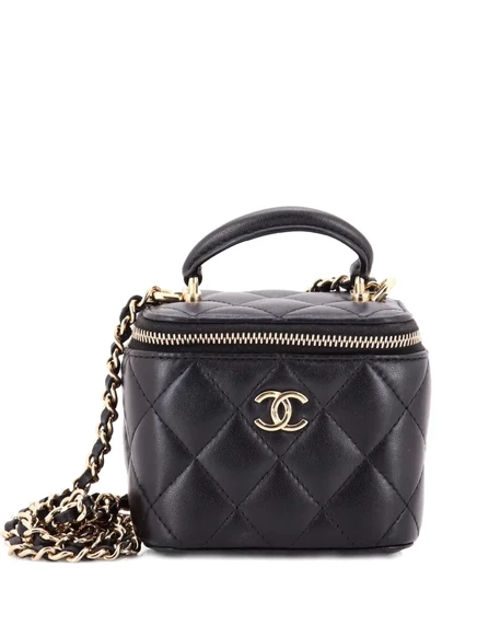 Бывшая в употреблении классическая сумочка для туалетного столика CHANEL с верхней ручкой и цепочкой, мини-сумка через плечо из стеганой овечьей кожи