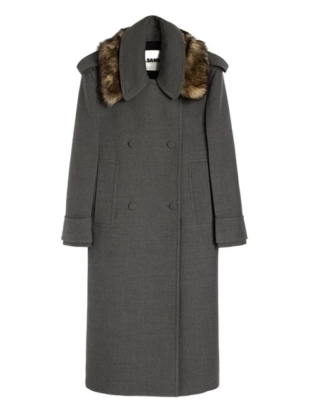 Женское двубортное пальто Jil Sander с меховым воротником, серое