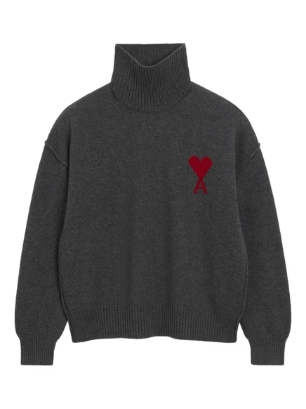 Шерстяной свитер AMI Paris Ami De Coeur с воронкообразным вырезом grey