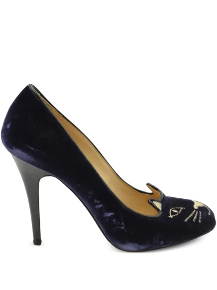Женские бархатные туфли Charlotte Olympia Kitty 90 мм, тёмно-синие