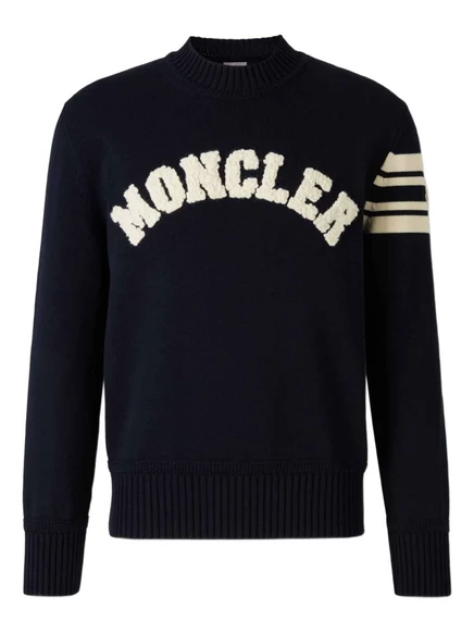 Свитер с вышитым логотипом Moncler на рукаве в полоску blue