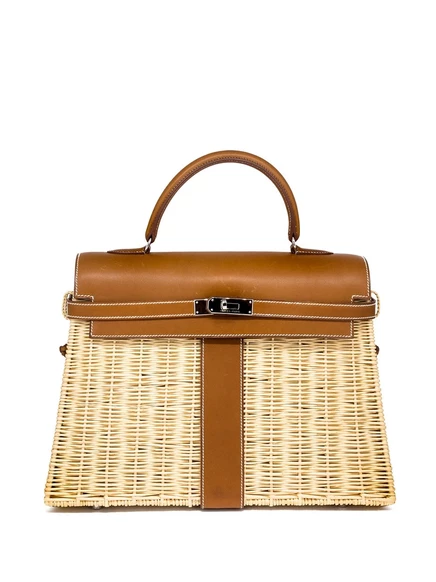 Женская сумка Hermes Kelly 35 см соломенная/кожа, бежевая