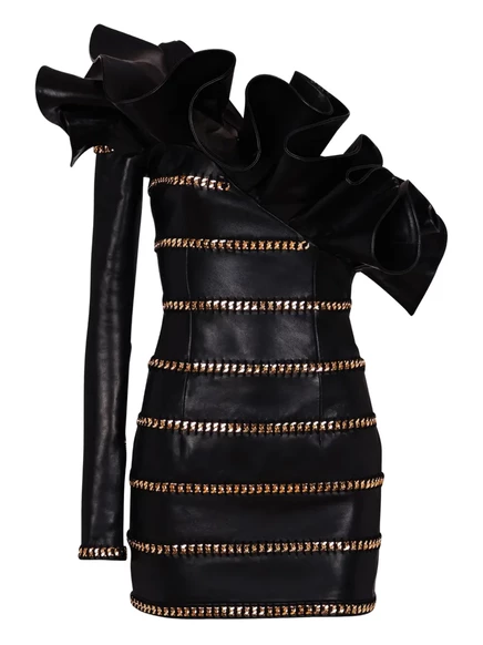 Женское асимметричное кожаное мини-платье Balmain, черное