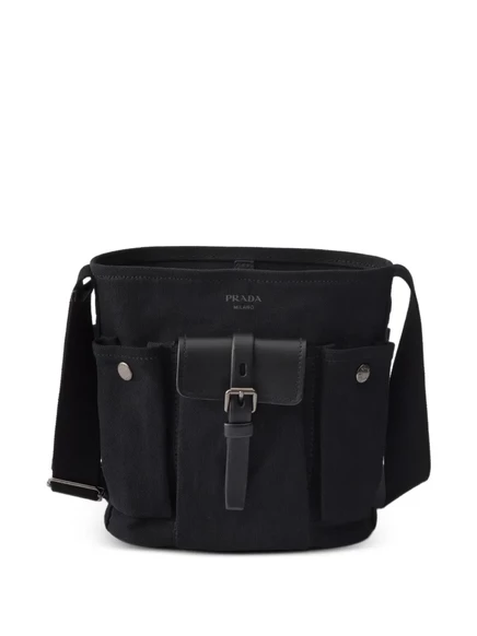 Женская сумка‑ведро Prada Route mini из холста и кожи, черная