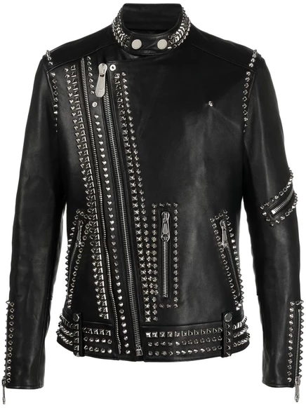 Мужская байкерская куртка Philipp Plein кожаная с заклепками Rockstud, черная