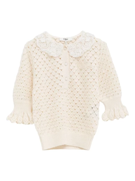 Свитер открытой вязки с кружевным воротником Chloé white
