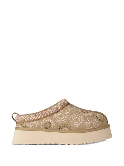 Женские шлепанцы UGG на платформе с вышивкой, бежевые