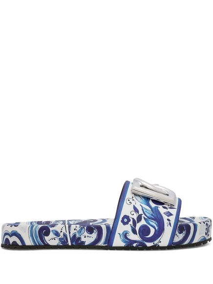 Женские шлёпанцы Dolce & Gabbana Majolica, кожаные, синие
