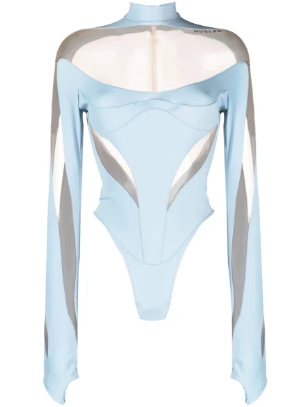Женское боди Mugler с прозрачными панелями, голубое