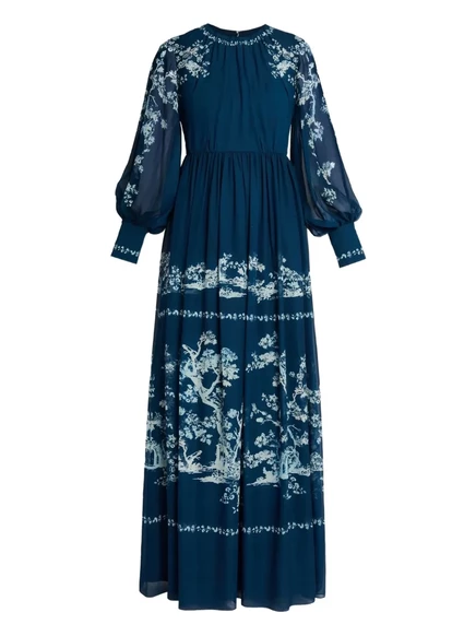 Платье с принтом ERDEM с длинными рукавами blue