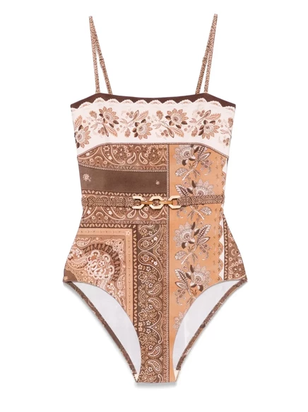 Женский слитный купальник Zimmermann Lucky без бретелей с поясом, коричневый