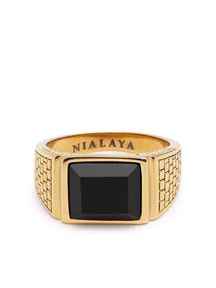 Мужское кольцо Nialaya Jewelry Golden Brick с черным агатом, золотистое