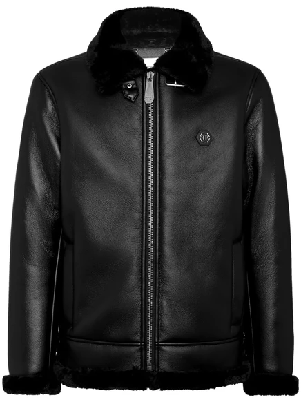 Мужская бомбер-куртка Philipp Plein из экокожи с мехом, черная