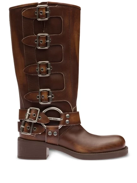 Кожаные сапоги с пряжкой Miu Miu brown
