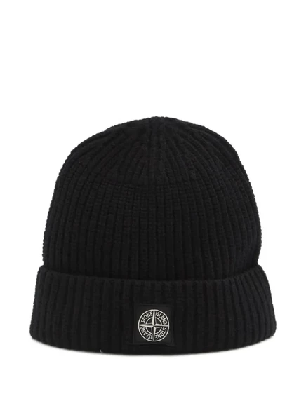 Вязаная шапочка в рубчик с логотипом Stone Island black