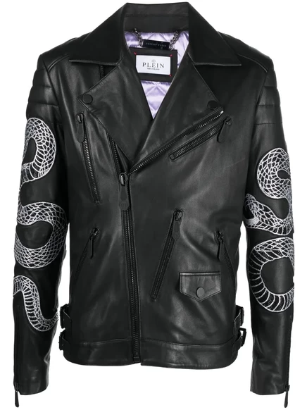 Мужская байкерская куртка Philipp Plein из кожи ягненка под змею, черная