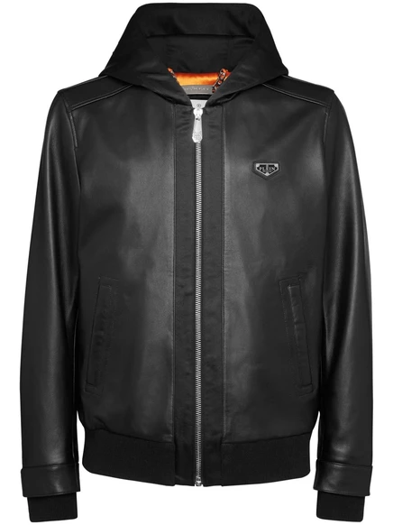 Кожаная куртка-бомбер Philipp Plein с капюшоном black