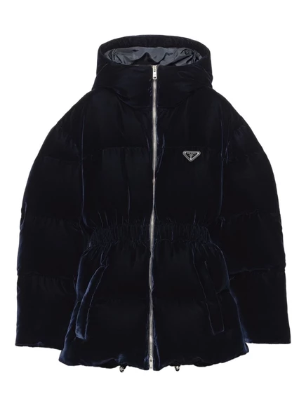 Бархатный пуховик Prada с капюшоном blue